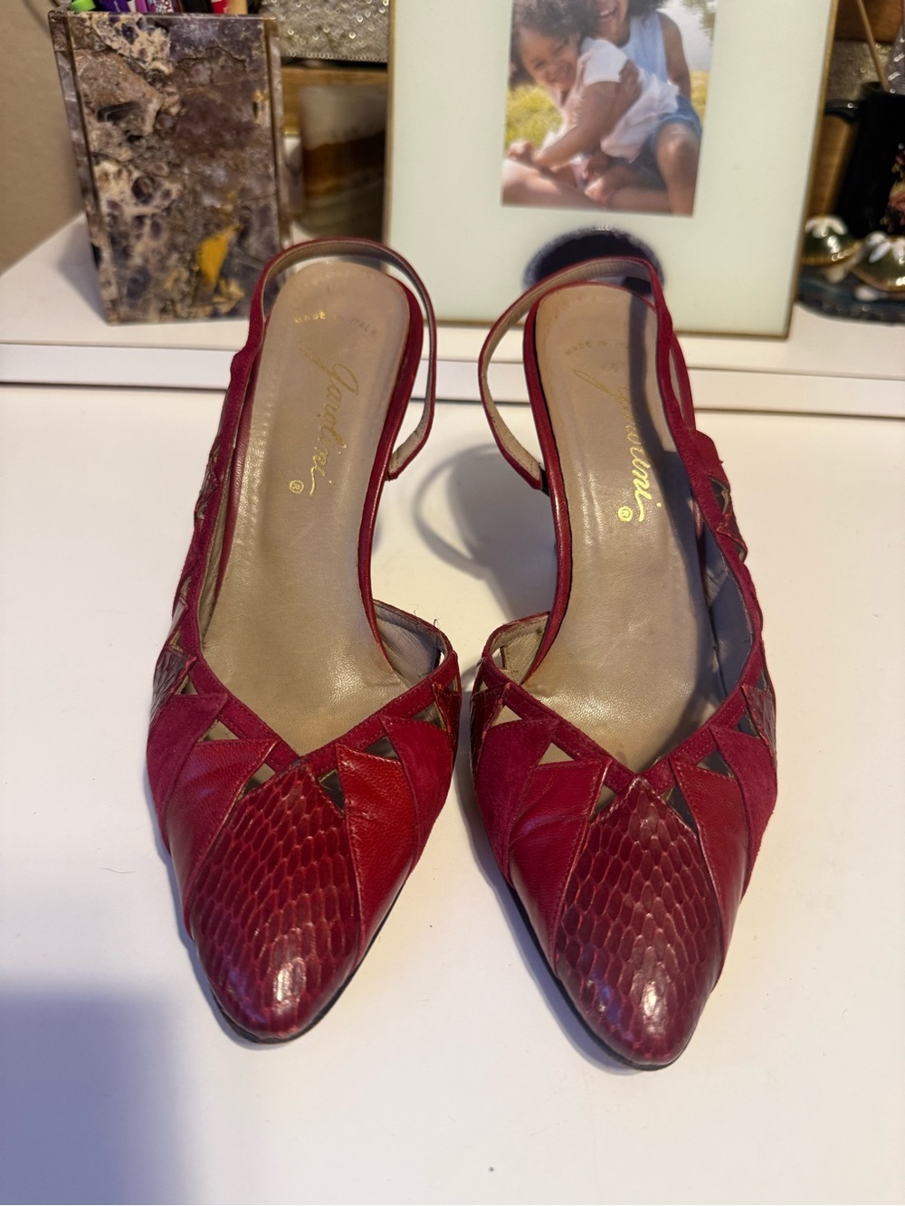 Garolini Red Pointed Toe Slingback Mules with Cutout Detail leather/snakeskin